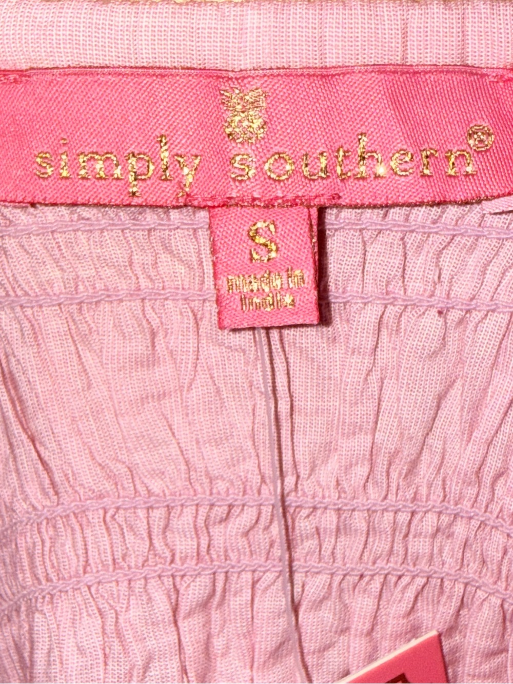 NWT Simply Southern Pink Smocked Square-Neck Puff Sleeve Scalloped Blouse-S - Picture 2 of 13